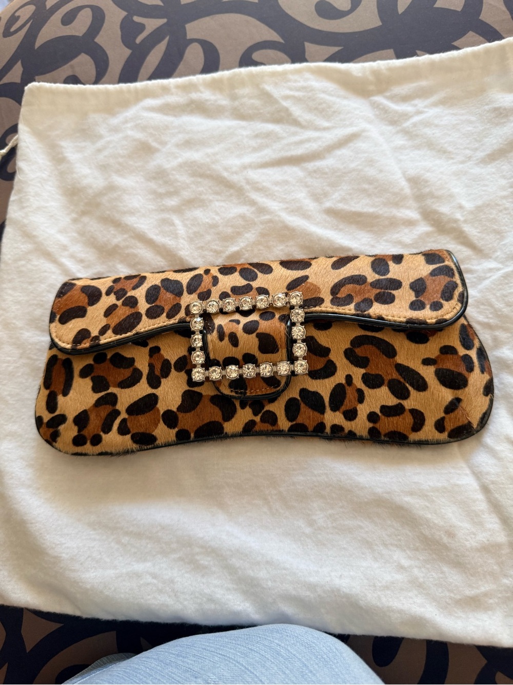 Steve Madden Faux Leopard Print Haircalf Clutch with Rhinestone Buckle